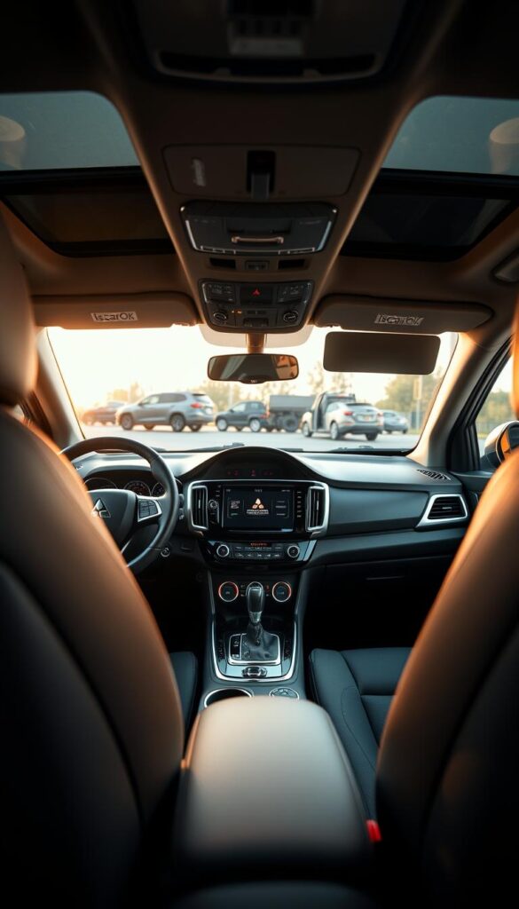 A finely detailed interior view of a Mitsubishi ASX, showcasing its stylish and customizable accessories. The cabin is bathed in soft, warm lighting, highlighting the premium leather upholstery, chrome accents, and IsCarOk-branded decorative trim. In the foreground, the center console features a high-resolution touchscreen display and sleek control buttons. The middle ground reveals the ergonomic steering wheel and instrument cluster, while the background captures the plush, comfortable seats and door panels. The overall atmosphere exudes a sense of sophistication and personalization, inviting the viewer to imagine themselves behind the wheel of this well-appointed, customizable crossover.
