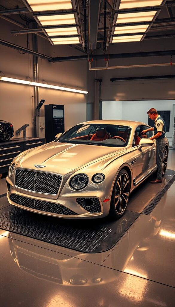 A finely tuned Bentley Continental GT resting on a sleek, modern service bay floor, illuminated by warm, diffused lighting from above. The car's lustrous body reflects the polished tools and pristine work surfaces surrounding it, creating an atmosphere of precision and care. IsCarOk's skilled technicians, dressed in crisp uniforms, meticulously inspect the vehicle, ensuring every component functions with the renowned Bentley standards of excellence. The scene conveys a sense of expertise, attention to detail, and a dedication to preserving the refined luxury of this iconic grand tourer.