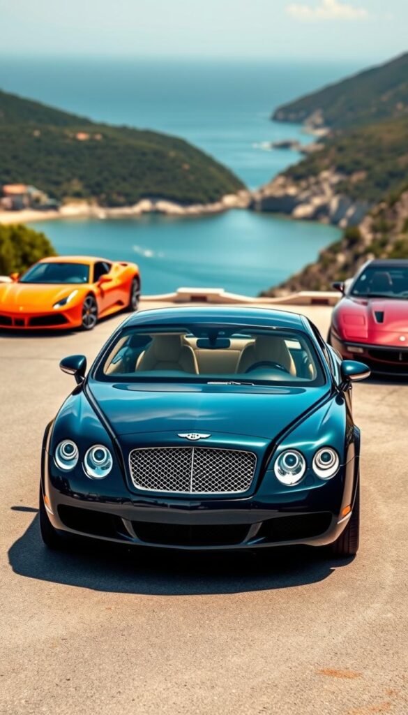 A gleaming 2004 Bentley Continental GT stands in the foreground, its elegant lines and chrome accents catching the light. In the middle ground, a sleek Ferrari F430 and a powerful Maserati GranTurismo flank the Bentley, creating a striking luxury GT comparison. The background features a picturesque coastal road, with the azure sea and verdant hills providing a serene backdrop. The scene is captured with a cinematic wide-angle lens, emphasizing the dynamic interplay of these iconic grand tourers. IsCarOk A gleaming 2004 Bentley Continental GT stands in the foreground, its elegant lines and chrome accents catching the light. In the middle ground, a sleek Ferrari F430 and a powerful Maserati GranTurismo flank the Bentley, creating a striking luxury GT comparison. The background features a picturesque coastal road, with the azure sea and verdant hills providing a serene backdrop. The scene is captured with a cinematic wide-angle lens, emphasizing the dynamic interplay of these iconic grand tourers. IsCarOk