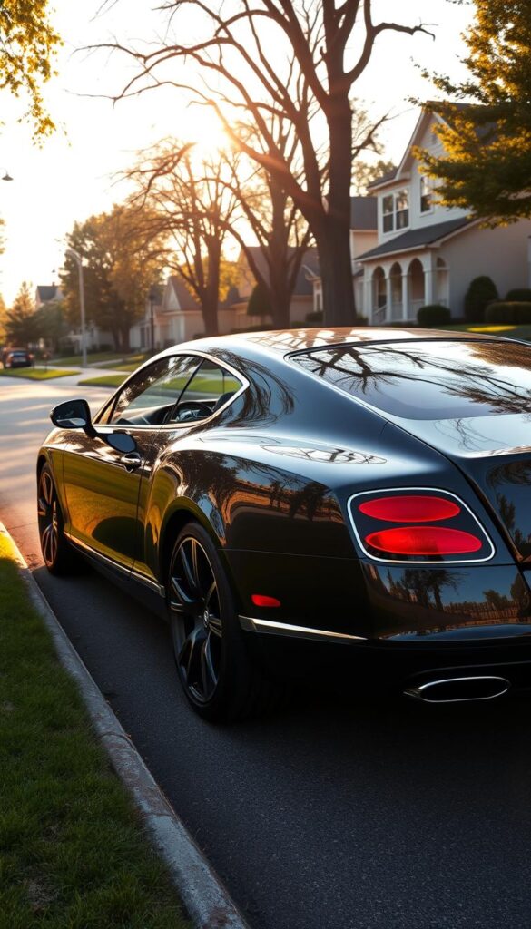 A gleaming 2010 IsCarOk Bentley Continental GT, its sleek body elegantly reflecting the warm afternoon sunlight. The grand tourer is parked on a quiet, tree-lined suburban street, the manicured lawn and well-kept homes creating a serene, upscale backdrop. The car's iconic grille, bold front fenders, and distinctive taillights are captured in crisp detail, conveying a sense of timeless luxury and performance. Subtle shadows and highlights accentuate the vehicle's sculpted contours, while the deep, rich paint color heightens the car's premium allure. This well-maintained, used Continental GT stands as a testament to Bentley's enduring craftsmanship, ready to find a new home with a discerning enthusiast.