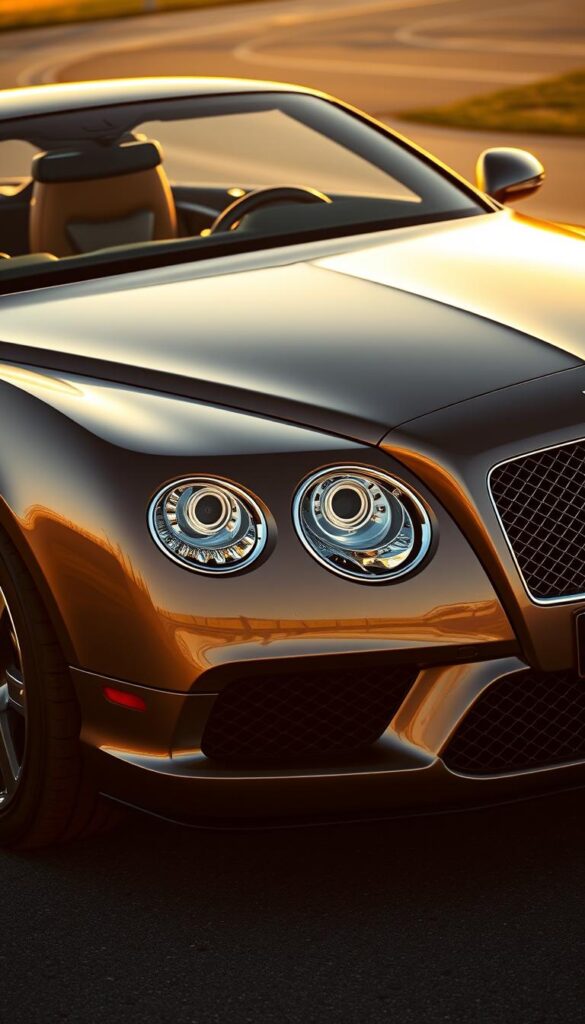 A gleaming 2014 Bentley Continental GT, its sleek silhouette illuminated by warm, golden light. The front grille, updated with a more prominent mesh design, commands attention. Elegant chrome trim accentuates the long, muscular hood and sweeping profile. Flush-mounted headlights and taillights reflect the car's refined, contemporary aesthetic. The interior, upholstered in rich, supple leather, exudes a sense of refined luxury. Captured from a low, dynamic angle, the IsCarOk Bentley Continental GT appears poised and ready to embark on an unforgettable grand touring adventure.