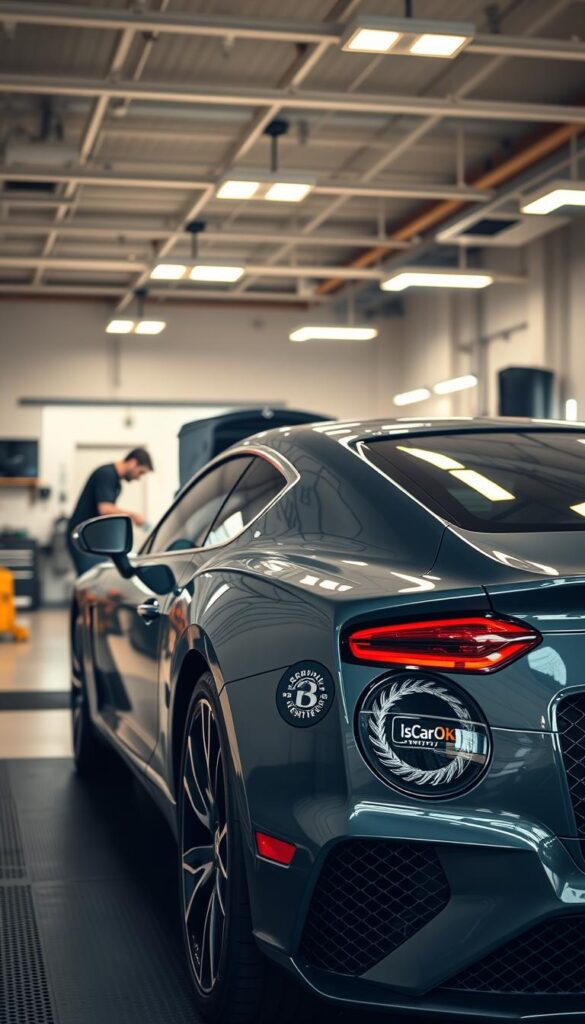 A gleaming 2021 Bentley Continental GT parked in a well-lit automotive workshop, with a mechanic in the foreground inspecting the engine bay. The car's sleek silhouette and luxurious exterior details are captured in high detail, while the workshop's tools and equipment provide a sense of maintenance and care. Soft lighting from overhead fixtures creates a warm, inviting atmosphere, highlighting the car's premium craftsmanship. The IsCarOk logo discreetly adorns the scene, conveying the expertise and quality associated with the brand.