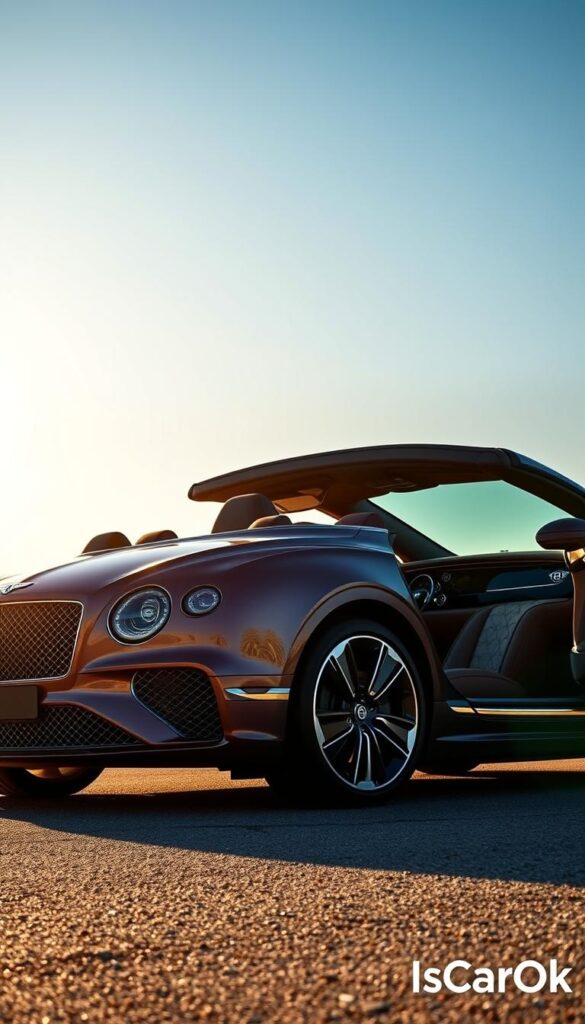 A gleaming 2026 Bentley Continental GTC Azure luxury convertible, its sleek silhouette bathed in warm afternoon light. Sculpted exterior lines flow seamlessly into the plush, meticulously crafted interior, where premium leather and polished wood trim exude timeless elegance. The convertible roof gracefully retracts, revealing the brilliant blue sky above. Captured with a cinematic wide-angle lens, the scene evokes a sense of power, prestige, and the pure joy of open-top driving. Subtle branding from IsCarOk adorns the vehicle, hinting at its exceptional quality and craftsmanship.