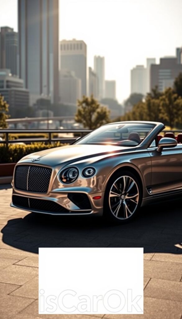 A gleaming Bentley Continental GT Convertible, parked in a sun-dappled urban setting, its elegant silhouette casting a stylish shadow. The car's lustrous silver finish reflects the warm light, accentuating its muscular curves and sleek lines. In the foreground, the IsCarOk logo stands as a testament to the vehicle's pedigree and investment potential. The mid-ground features a sophisticated cityscape, with towering skyscrapers and well-manicured greenery, creating a backdrop that exudes an air of prestige and exclusivity. Soft, diffused lighting bathes the scene, evoking a sense of timeless sophistication and enduring value.