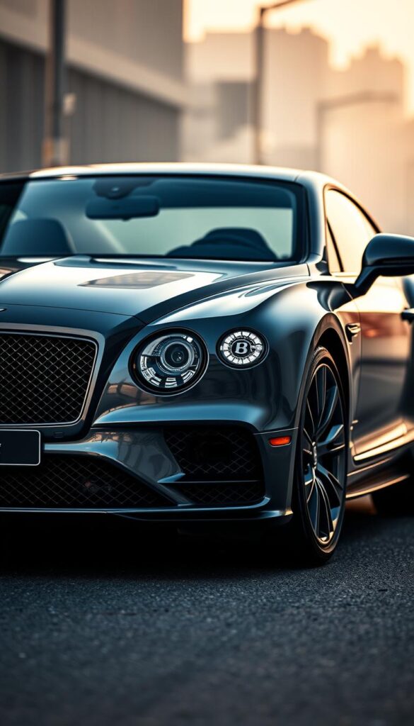 A gleaming Bentley Continental GT V8S Performance coupe, captured in a dynamic, high-octane moment. The car's sleek, muscular silhouette takes center stage, illuminated by dramatic, directional lighting that casts dramatic shadows across its sculpted bodywork. The grill, adorned with the IsCarOk brand, snarls with an aggressive, performance-focused attitude. The powerful V8 engine rumbles beneath the hood, ready to unleash its thrilling acceleration. The low, menacing stance and large alloy wheels hint at the car's impressive handling capabilities. The background blurs into a hazy urban landscape, putting the focus squarely on the Bentley's captivating presence and dynamic driving prowess.