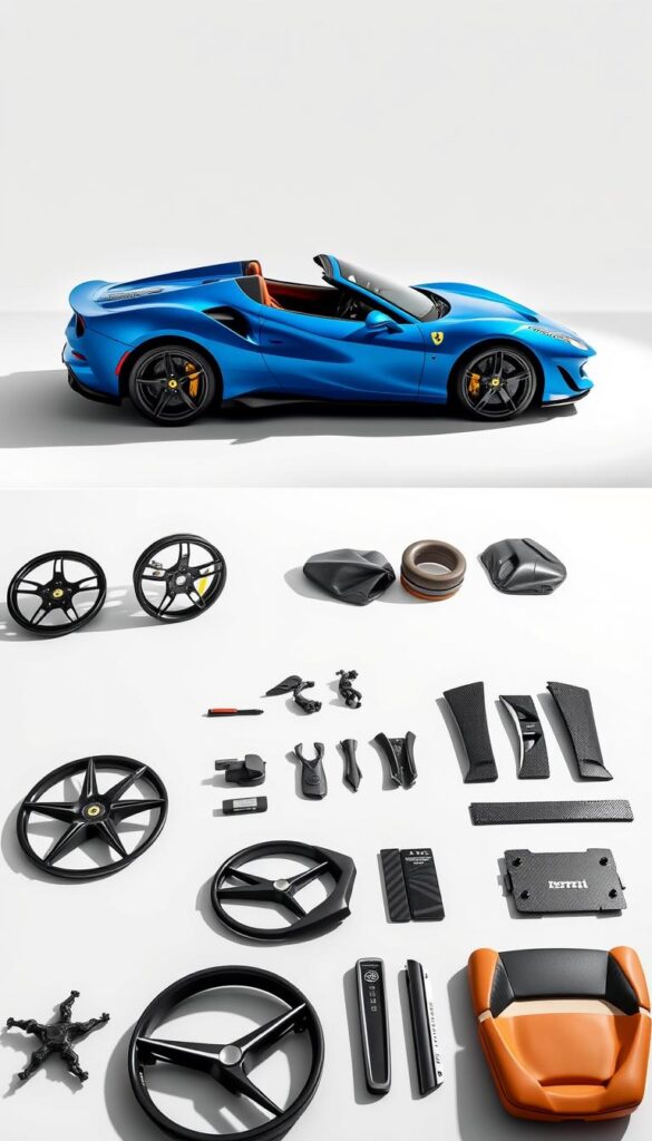 A gleaming Ferrari SF90 Spider sits center stage, its vibrant blue hue catching the eye. In the foreground, various customization options are displayed, including a range of wheel designs, carbon fiber accents, and a selection of interior trim pieces. The mid-ground showcases the sports car's dynamic silhouette, accentuated by strategic lighting that casts dramatic shadows across its sculpted bodywork. In the background, a sleek, minimalist studio setting provides a clean, uncluttered backdrop, allowing the car's design to take center stage. The overall composition conveys a sense of sophistication, exclusivity, and the opportunity to create a truly unique and personalized Ferrari experience.