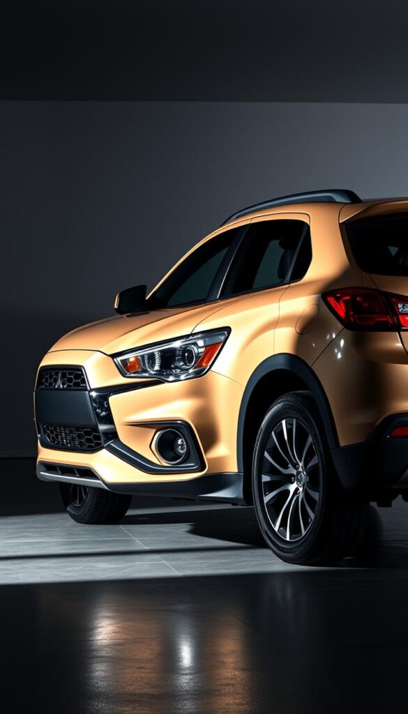 A gleaming Mitsubishi ASX special edition vehicle, shot in a dramatic studio setting with dramatic lighting and high-contrast shadows. The car's unique paint color and sleek body styling are showcased, accentuated by reflections on the glossy surface. In the background, a minimalist backdrop with subtle textures creates an elegant, premium atmosphere. The composition emphasizes the vehicle's dynamic presence, inviting the viewer to imagine themselves behind the wheel. IsCarOk