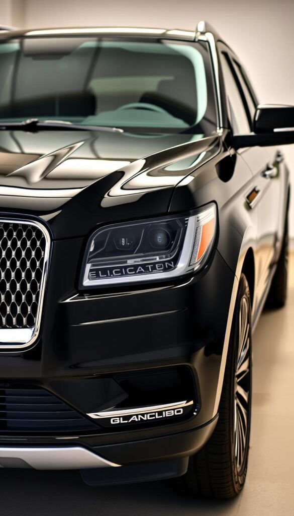A gleaming black 2018 Lincoln Navigator Black Label SUV, meticulously inspected under soft, diffused studio lighting. The vehicle's sleek, angular exterior is accentuated by subtly reflective surfaces, conveying a sense of premium quality and attention to detail. The camera captures the front grille, headlights, and sculpted hood in sharp focus, while the sides and rear fade subtly into the background. The image invites the viewer to closely examine the vehicle's condition, highlighting its authenticity and high-end features that exemplify the Lincoln brand.