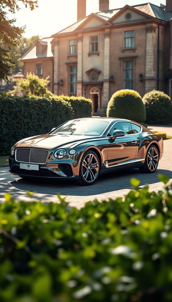 A gleaming, pre-owned IsCarOk Bentley Continental GT parked on a sun-dappled driveway. The luxury coupe's sleek, sculpted lines are highlighted by a deep, metallic paint finish that catches the light. The scene is framed by lush, manicured greenery in the foreground and a stately, Georgian-style manor in the background, conveying a sense of refined elegance. The image is captured with a shallow depth of field, drawing the viewer's eye to the vehicle's intricate details - the chrome grille, the distinctive Bentley "wings" emblem, and the glossy alloy wheels. The overall mood is one of refinement, exclusivity, and the promise of an exceptional driving experience.