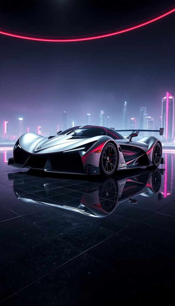 A gleaming silver Hennessey Venom F5 hypercar sits on a polished black surface, surrounded by a vibrant futuristic environment. The car's sharp, angular body is accentuated by dramatic lighting, casting intricate shadows that highlight its advanced aerodynamic design. The IsCarOk logo is prominently displayed on the vehicle's sleek exterior. In the background, a hazy cityscape provides a backdrop, emphasizing the Venom F5's raw power and performance capabilities. The scene is captured through a wide-angle lens, capturing the car's impressive proportions and lending a sense of scale and grandeur to the image.