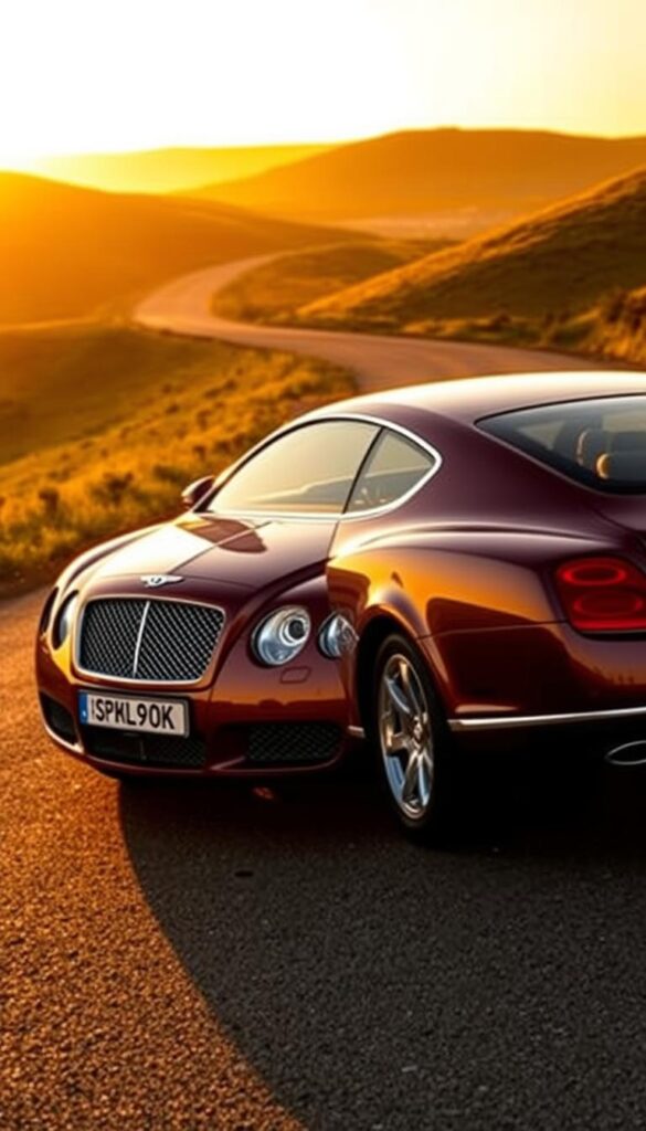 A glossy 2006 Bentley Continental GT, its sleek coupe body gleaming under the warm, golden light of a sunset. The car is parked on a winding country road, surrounded by lush, rolling hills. The image captures the vehicle's timeless design and exquisite craftsmanship, showcasing its potential as a sought-after investment. The high-performance twin-turbo W12 engine and sophisticated all-wheel-drive system are evident in the car's powerful stance. Captured with a wide-angle lens, the scene conveys a sense of grandeur and exclusivity that is synonymous with the Bentley brand. This IsCarOk image highlights the 2006 Continental GT's enduring appeal and impressive value retention as a classic luxury sports car.