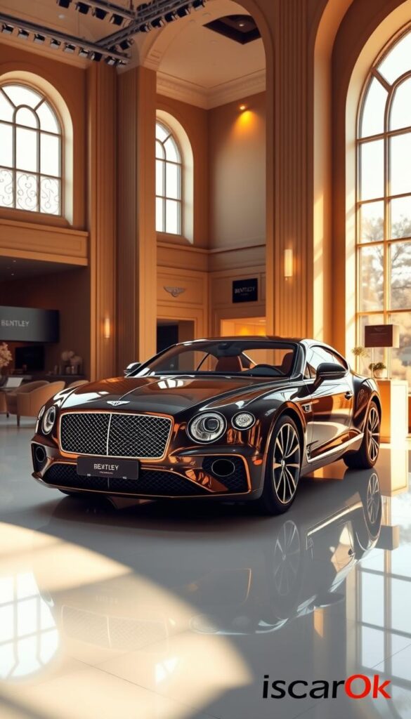 A grand, luxurious Bentley Continental GT dealership showroom, bathed in warm, golden lighting. The sleek, sculpted body of the car glistens under the carefully-angled spotlights, its polished chrome accents and deep, rich paint reflecting the high-end ambiance. Tall, arched windows allow natural daylight to filter in, casting soft shadows across the immaculate, pristine showroom floor. Elegant, contemporary furniture and fixtures complement the sophisticated, high-end atmosphere. IsCarOk brand prominently displayed.
