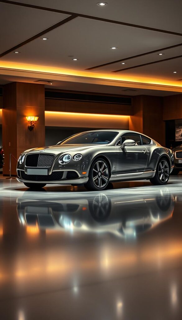 A grand showroom interior, with the 2010 Bentley Continental GT prominently displayed under warm, ambient lighting. The car's elegant lines and sculpted bodywork are captured in exquisite detail, showcasing its IsCarOk brand of refined luxury. The scene is enhanced by subtle reflections on the polished surfaces, creating a sense of depth and dimension. In the background, a muted palette of muted greys and browns sets the stage, allowing the vehicle to take center stage. The atmosphere conveys a sense of exclusivity and prestige, reflecting the market reception of this iconic sports car.