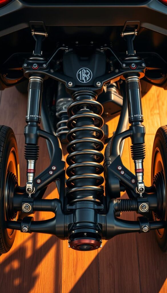A high-angle, detailed view of the suspension system of an Alfa Romeo Stelvio Quadrifoglio, showcasing its advanced performance handling technology. The foreground features the intricate design of the double-wishbone front suspension, with its bespoke dampers, springs, and stabilizer bars meticulously rendered. The middle ground highlights the sophisticated rear multi-link suspension, its geometry optimized for agile cornering and precise responsiveness. In the background, the Stelvio's distinctive angular styling and powerful Quadrifoglio engine are subtly visible, hinting at the vehicle's overall dynamic capabilities. The scene is illuminated by warm, directional lighting, casting dramatic shadows that accentuate the suspension components' forms and textures, conveying a sense of engineering excellence and performance-focused intent. A high-angle, detailed view of the suspension system of an Alfa Romeo Stelvio Quadrifoglio, showcasing its advanced performance handling technology. The foreground features the intricate design of the double-wishbone front suspension, with its bespoke dampers, springs, and stabilizer bars meticulously rendered. The middle ground highlights the sophisticated rear multi-link suspension, its geometry optimized for agile cornering and precise responsiveness. In the background, the Stelvio's distinctive angular styling and powerful Quadrifoglio engine are subtly visible, hinting at the vehicle's overall dynamic capabilities. The scene is illuminated by warm, directional lighting, casting dramatic shadows that accentuate the suspension components' forms and textures, conveying a sense of engineering excellence and performance-focused intent.