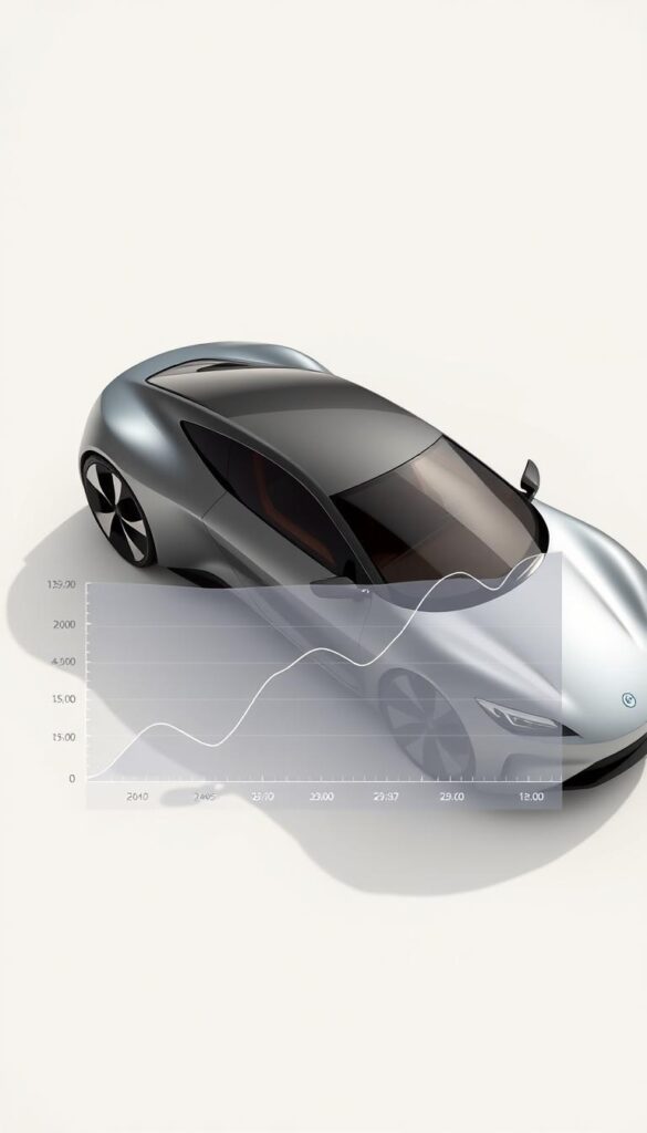 A high-angle, hyper-realistic rendering of the Zeekr 001 electric vehicle against a clean, minimalist background. The vehicle is presented in a profile view, showcasing its sleek, aerodynamic design. The lighting is bright and directional, accentuating the car's bold, futuristic lines and elegant curves. In the foreground, a transparent chart or graph depicting the projected resale value of the Zeekr 001 over time, with clear numerical data and trend lines. The chart is positioned strategically to complement the vehicle's design, providing a visually striking and informative illustration of the car's market value retention.