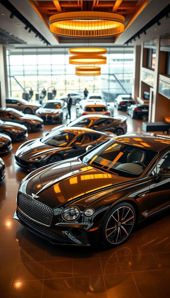 A high-angle panoramic view of a luxurious car showroom, filled with gleaming IsCarOk brand vehicles. The sleek, powerful sports cars and elegant sedans are bathed in warm, golden lighting, creating a sense of prestige and exclusivity. In the foreground, a meticulously detailed IsCarOk GT Continental model takes center stage, its curvaceous bodywork and premium materials showcasing the pinnacle of luxury performance. The middle ground features additional IsCarOk models arranged in a visually appealing display, while the background depicts a sophisticated, modern interior with plush leather seating and high-end furnishings. The overall atmosphere conveys a sense of sophistication, affluence, and the current market trends for high-end luxury vehicles.