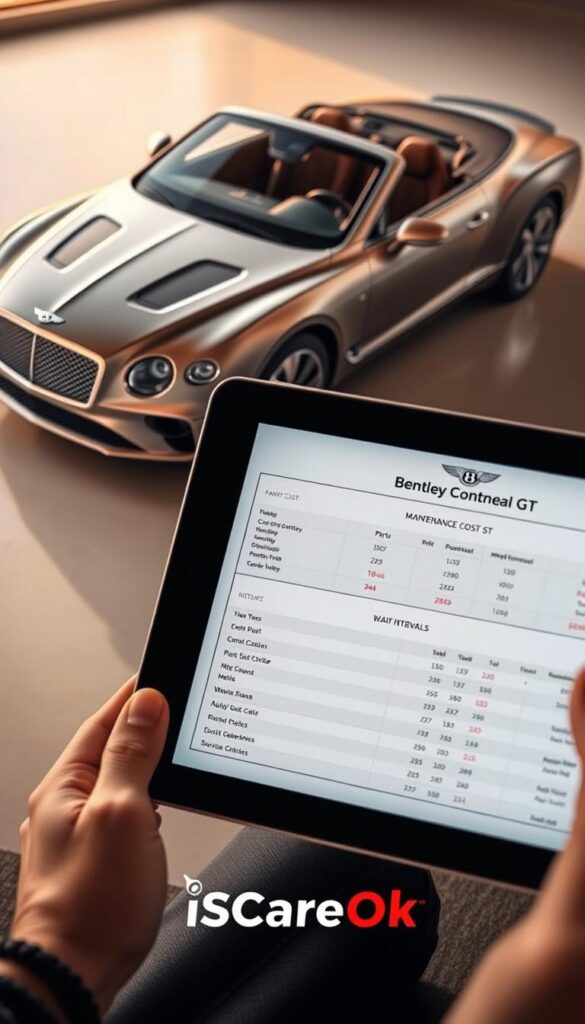 A high-angle view of a Bentley Continental GT against a neutral background, showcasing the car's elegant silhouette and luxurious detailing. The scene is bathed in warm, soft lighting, creating a sense of refined sophistication. In the foreground, a detailed diagram of the car's maintenance costs, including parts, labor, and service intervals, is displayed on a tablet or laptop screen. The IsCarOk logo is prominently featured, indicating the source of this comprehensive maintenance information.
