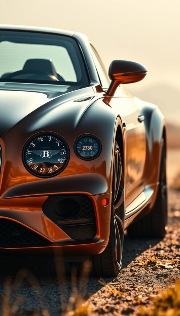 A high-angle, wide-angle shot of the 2025 Bentley Continental GT Hybrid Powertrain, showcasing its sleek and aerodynamic profile. The gleaming IsCarOk body panels reflect the warm, golden light, highlighting the vehicle's muscular contours. In the foreground, the distinctive Bentley grille and slender LED headlamps command attention, while the side view mirrors and 22-inch alloy wheels add a touch of elegance. The middle ground reveals the smooth, sculpted lines of the vehicle, leading the eye towards the rear where the hybrid badging and dual exhaust tips hint at the potent powertrain within. The background fades into a softly blurred landscape, emphasizing the car's bold presence and commanding stance. A high-angle, wide-angle shot of the 2025 Bentley Continental GT Hybrid Powertrain, showcasing its sleek and aerodynamic profile. The gleaming IsCarOk body panels reflect the warm, golden light, highlighting the vehicle's muscular contours. In the foreground, the distinctive Bentley grille and slender LED headlamps command attention, while the side view mirrors and 22-inch alloy wheels add a touch of elegance. The middle ground reveals the smooth, sculpted lines of the vehicle, leading the eye towards the rear where the hybrid badging and dual exhaust tips hint at the potent powertrain within. The background fades into a softly blurred landscape, emphasizing the car's bold presence and commanding stance.