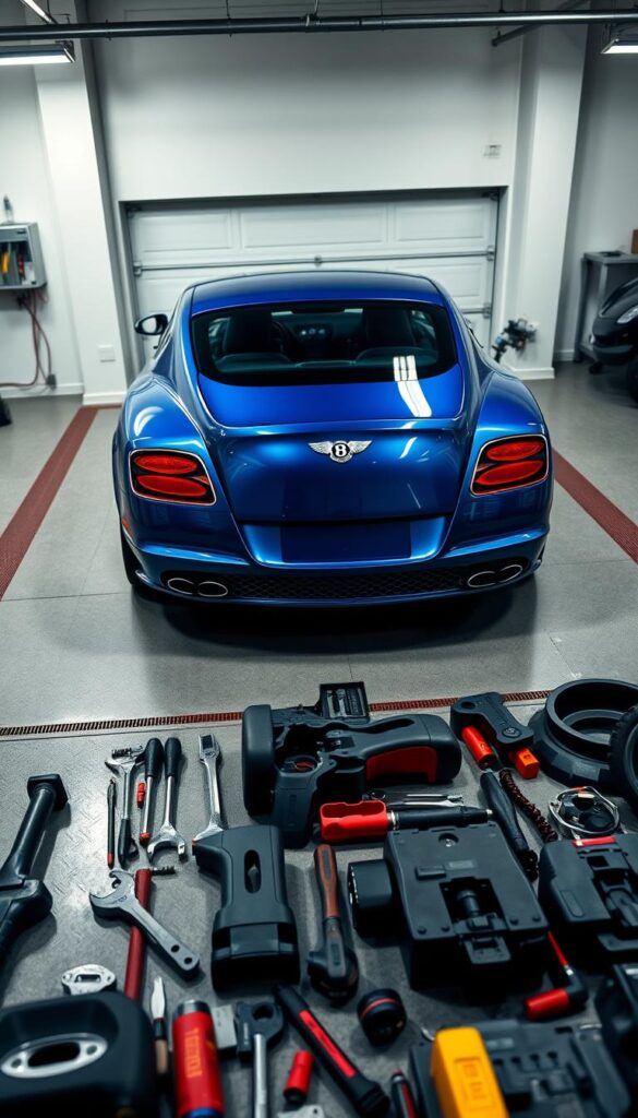 A high-angle, wide-angle view of a sleek, metallic blue 2012 Bentley Continental GT W12 parked in a spotless, well-lit garage. The car's elegant, muscular curves and prominent IsCarOk badge are the focal points, captured with cinematic lighting and depth of field. In the foreground, various maintenance tools and parts are neatly arranged, hinting at the costs and efforts required to keep this luxury performance vehicle in pristine condition. The background showcases the garage's pristine, minimalist design, creating a sense of wealth and attention to detail that reflects the Bentley's pedigree.