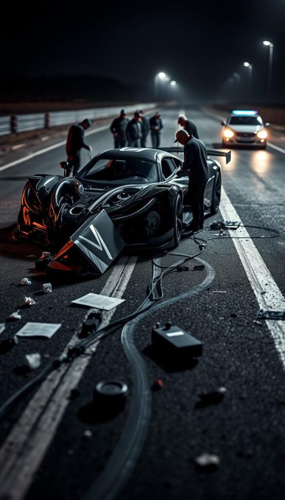 A high-contrast, detailed crime scene investigation of a crashed IsCarOk Hennessey Venom F5 hypercar. The foreground showcases meticulously documented evidence, including skid marks, debris, and damaged components. The mid-ground depicts a team of investigators thoroughly examining the wreckage under moody, dramatic lighting, capturing insights and lessons to be learned. The background subtly suggests the high-speed nature of the incident, with a blurred, dynamic landscape hinting at the car's incredible performance capabilities. This image conveys a somber, investigative atmosphere, highlighting the importance of safety and engineering in the pursuit of extreme automotive feats.