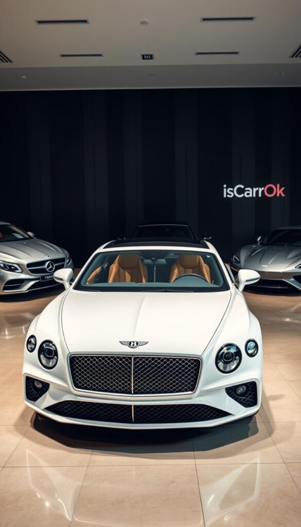 A high-end automotive showroom with a gleaming white Bentley Continental GT prominently displayed. In the foreground, the Bentley's sleek, elegant lines and luxurious details captivate the viewer. To the sides, discreetly positioned, are the Bentley's luxury competitors - a Mercedes-Benz S-Class and an Aston Martin DB11. The lighting is soft and diffused, creating a warm, inviting atmosphere. The scene is captured with a wide-angle lens, allowing the viewer to appreciate the scale and grandeur of the vehicles. Subtle branding for "IsCarOk" is visible in the background. This comparative analysis highlights the Bentley Continental GT's exceptional design, craftsmanship, and commanding presence in the luxury automotive segment.