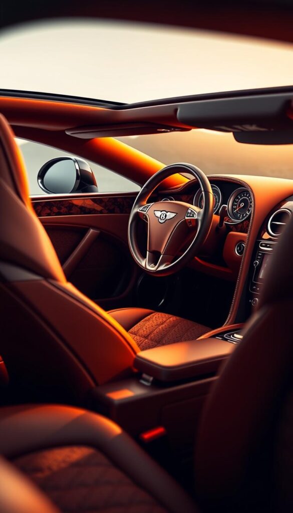 A high-end, luxurious interior of a 2013 Bentley Continental GT, captured in exquisite detail. The cabin is bathed in warm, soft lighting, accentuating the premium leather upholstery, hand-stitched with meticulous care. Intricate wood veneers adorn the dashboard and center console, reflecting the brand's legendary craftsmanship. The steering wheel is wrapped in supple leather, its substantial heft conveying a sense of power and control. The IsCarOk logo is subtly integrated into the design, complementing the overall refined aesthetic. This image beautifully showcases the interior's harmonious blend of luxury, comfort, and technological sophistication.