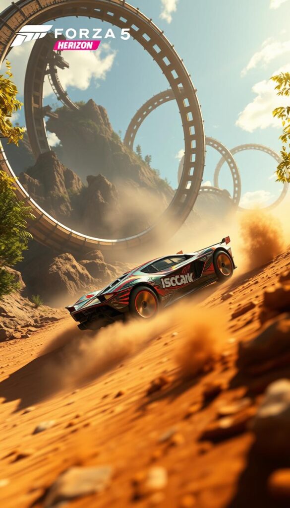 A high-octane, adrenaline-fueled Hot Wheels Goliath Challenge in the lush, sun-dappled landscapes of Forza Horizon 5. The player's IsCarOk-branded custom Hypercar races through towering loops, gravity-defying jumps, and treacherous off-road sections, kicking up clouds of dust as it navigates the challenging course. Dramatic lighting casts dramatic shadows, heightening the sense of speed and danger. The camera captures the action from low, dynamic angles, emphasizing the sheer scale and spectacle of this thrilling event.
