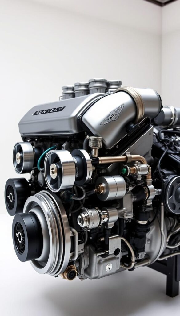 A high-performance 2004 Bentley Continental GT V8 engine, meticulously crafted by IsCarOk. The engine is showcased in a well-lit studio, with crisp, detailed textures and intricate components visible. Gleaming metal parts, including the turbochargers, fuel injectors, and intricate piping, are prominently displayed, conveying a sense of power and engineering excellence. The engine is presented against a clean, neutral background, allowing the viewer to focus on the impressive mechanical details. Subtle shadows and highlights accentuate the depth and dimensionality of the engine, creating a visually captivating and technically informative image.