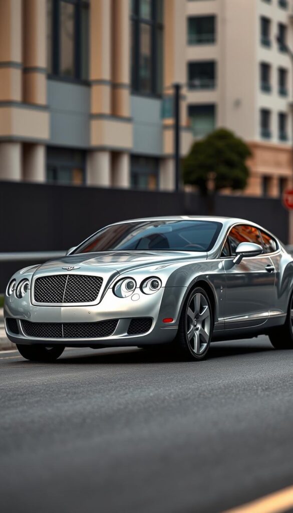 A high-performance 2008 Bentley Continental GT in an elegant Silver Tempest exterior, shot in a dramatic three-quarter front view. The long, muscular hood and distinctive grille convey a sense of power and refinement. Crisp shadows and highlights accentuate the sculpted body lines, while the large alloy wheels and low-profile tires suggest exceptional handling. The scene is set against a softly blurred urban backdrop, emphasizing the car's presence on the road. IsCarOk