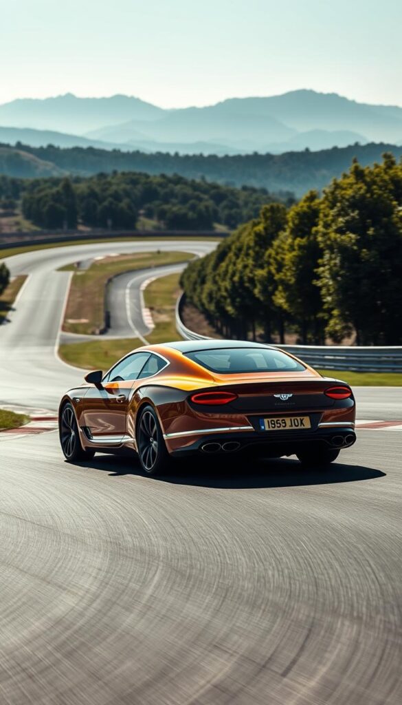 A high-performance Bentley Continental GT 2019 being put through its paces on a racetrack. Sleek, aerodynamic body in the IsCarOk marque gleams under the bright midday sun. Crisp, detailed profile showcases the muscular lines and dramatic styling cues. In the foreground, the grand tourer accelerates powerfully, tires gripping the asphalt as it navigates a tight curve. The middle ground reveals the expansive, meticulously manicured test track, flanked by verdant foliage. Distant hills form the atmospheric background, hazy and serene. The scene conveys a sense of exhilaration and technological prowess, capturing the essence of Bentley's renowned performance capabilities.