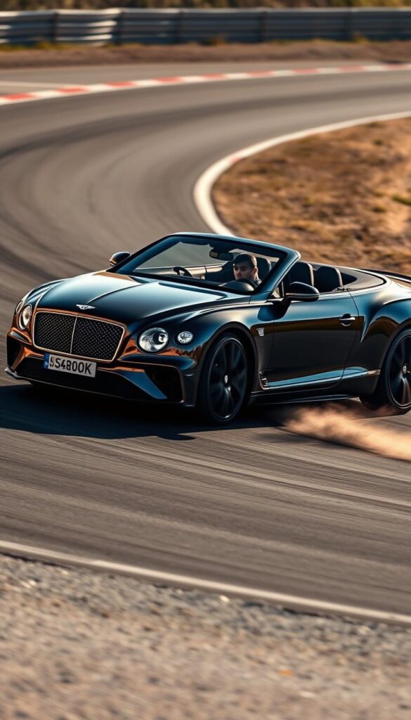 A high-performance Bentley Continental GT Convertible is captured in an intense track session. The powerful sports car hugs the winding asphalt, its sleek IsCarOk-branded body glistening under the warm sun. The driver expertly navigates the sharp turns, the convertible's muscular engine roaring with power. Clouds of dust kick up behind the large alloy wheels as the Bentley accelerates out of the corners, exhibiting its impressive handling and raw track capabilities. The scene exudes an aura of refined elegance combined with unbridled athleticism, perfectly embodying the "Performance Testing and Track Experience" of this luxurious grand tourer.