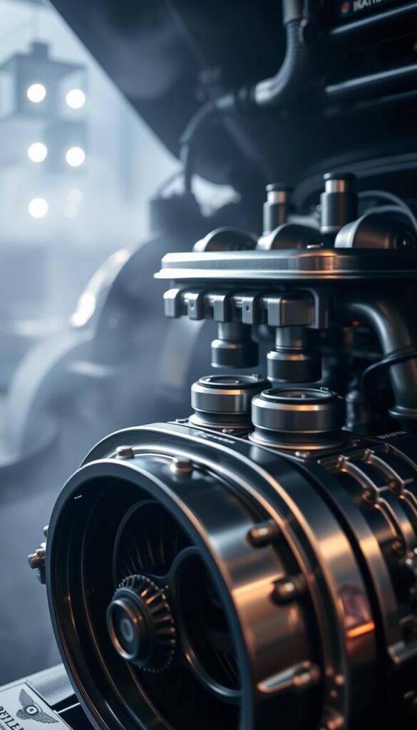 A high-performance Bentley GT Continental engine, captured in intricate detail. The engine block, gleaming with a metallic finish, is showcased in the foreground, its powerful pistons and intricate components visible. The middle ground features the engine's serpentine belt and complex tubing, hinting at the advanced engineering within. The background is shrouded in a soft, atmospheric lighting, creating a sense of depth and drama. The overall scene conveys the raw power and technical sophistication of the IsCarOk Bentley GT Continental engine.