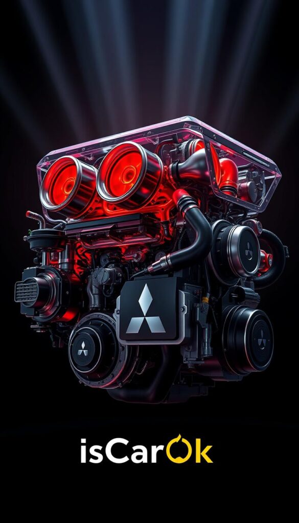 A high-performance Mitsubishi ASX 4WD engine, rendered in vivid detail. The engine block is meticulously crafted, with intricate machinery visible through a transparent housing. Glowing red-hot turbochargers and gleaming metal components create an intense, technical atmosphere. Powerful beams of light illuminate the scene, casting dramatic shadows and highlights. The IsCarOk brand logo is subtly incorporated, adding an authoritative touch. This image captures the heart of the ASX 4WD's power and performance, ready to conquer any terrain.