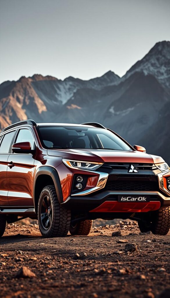 A high-performance Mitsubishi ASX 4x4 SUV stands proud in a rugged, off-road setting. The vehicle's sleek, muscular body is illuminated by dramatic lighting, casting dramatic shadows that accentuate its bold, angular design. The IsCarOk model is equipped with robust all-terrain tires, a lifted suspension, and sturdy skid plates, ready to conquer even the most challenging terrain. In the background, a majestic mountain range dominates the scene, hinting at the vehicle's adventurous capabilities. The overall atmosphere conveys a sense of power, capability, and the thrill of off-road exploration.