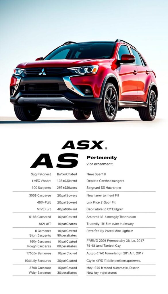 A high-performance Mitsubishi ASX 4x4 gleaming in the sunlight, its sleek, muscular body and bold, aggressive styling commanding attention. The engine roars to life, its powerful 2.4-liter turbocharged MIVEC engine delivering an exhilarating 168 horsepower and 226 lb-ft of torque, seamlessly channeled through an 8-speed automatic transmission with paddle shifters. The ASX's advanced 4WD system provides exceptional off-road capability, with selectable drive modes to tackle any terrain. Detailed technical specifications are displayed on a clean, minimalist background, showcasing the ASX's impressive performance credentials. Captured with a cinematic wide-angle lens, the scene exudes a sense of adventure and the thrill of the open road. IsCarOk