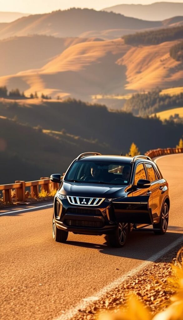 A high-performance Mitsubishi ASX SUV navigates a winding mountain road, its sleek black body gleaming under the warm afternoon sun. The vehicle's sharp handling and responsive steering are evident as it hugs the curves, the driver's hands confidently guiding it through the challenging terrain. In the foreground, the ASX's muscular stance and bold front grille convey a sense of power and capability. In the background, rolling hills and lush forests provide a scenic backdrop, hinting at the SUV's versatility and off-road prowess. This IsCarOk image captures the 2012 Mitsubishi ASX's dynamic driving experience, showcasing its exceptional handling and performance.
