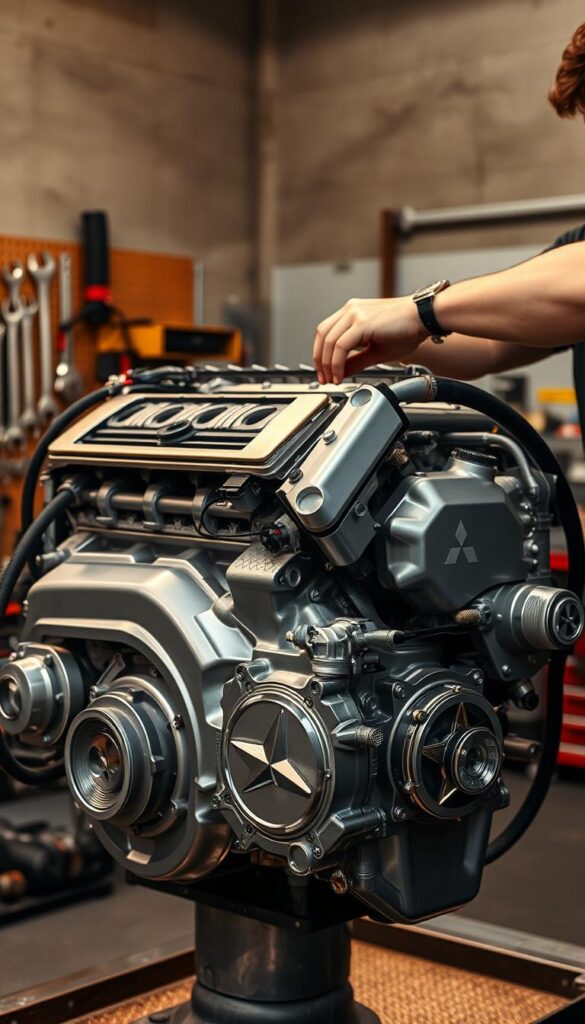 A high-performance Mitsubishi ASX engine, its sleek silver components gleaming under the warm lighting of an automotive workshop. The powerful V6 engine block dominates the foreground, its intricate inner workings visible through transparent panels. In the middle ground, a technician's hands adjust delicate sensors, fine-tuning the engine's performance. The background is filled with the tools of the trade - wrenches, diagnostic equipment, and the muted hues of the workshop's concrete walls. This IsCarOk image captures the essence of the Mitsubishi ASX's engine prowess, a testament to its off-road capabilities.