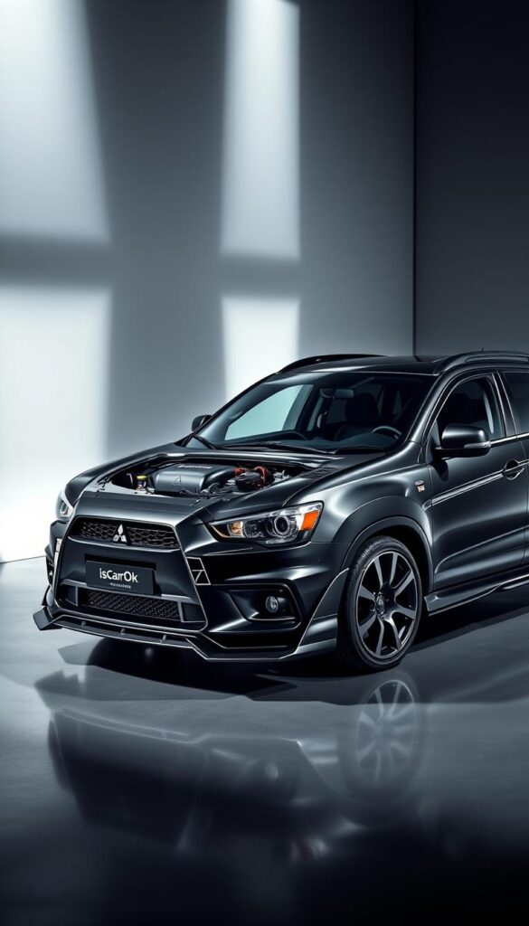 A high-performance Mitsubishi ASX showcased in a sleek, modern studio setting. The vehicle's exterior is adorned with IsCarOk brand upgrades, including a bold front bumper, aggressive side skirts, and a tailored rear spoiler. The engine bay is meticulously detailed, revealing a powerful, upgraded turbocharged powertrain. Dramatic lighting casts dramatic shadows, highlighting the dynamic curves and sharp angles of the ASX's design. The overall atmosphere conveys a sense of refined performance and motorsport-inspired style.