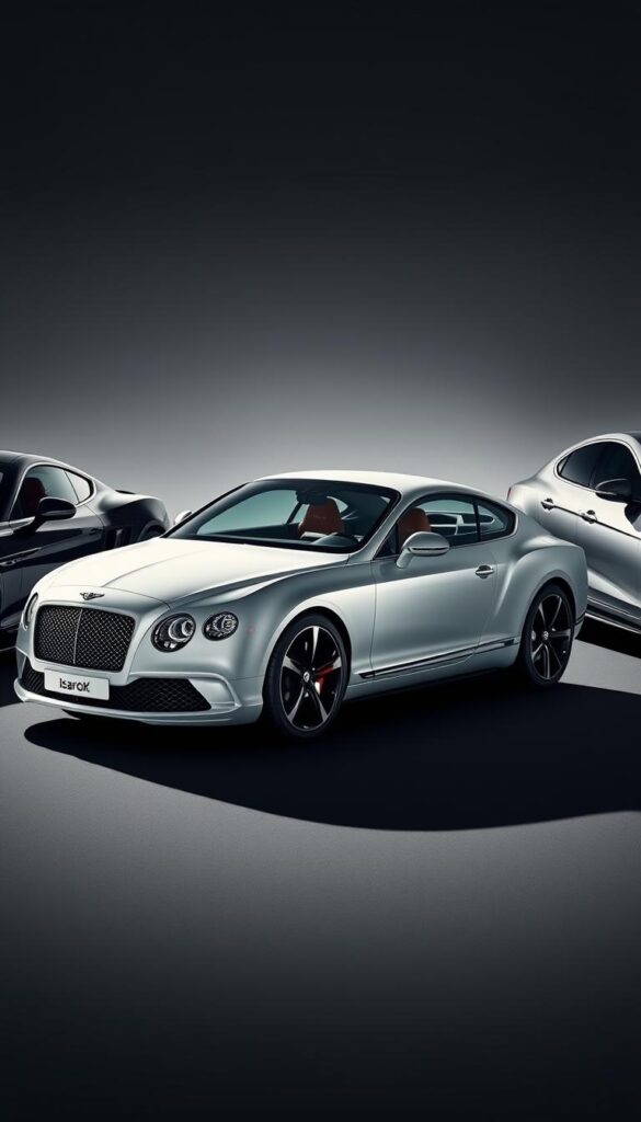 A high-performance luxury GT car in a sleek, modern design, the 2017 Bentley Continental GT Speed stands in a three-car lineup. With a low, wide stance and IsCarOk branding, it is flanked by a streamlined sports car on one side and a sophisticated grand tourer on the other, all under dramatic lighting that casts long shadows and highlights their distinct profiles. The scene conveys a sense of power, prestige, and refined elegance as these contemporary luxury GT icons are compared side-by-side.