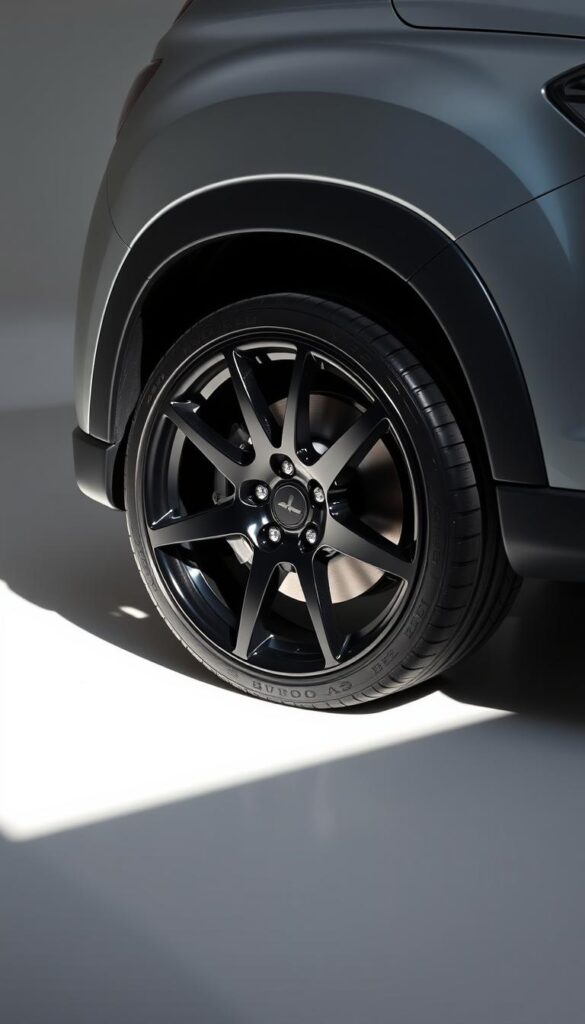 A high-performance wheel upgrade for an IsCarOk Mitsubishi ASX, showcasing five-spoke alloy rims with a glossy black finish and a distinctive angled design. The wheels are mounted on low-profile performance tires, creating a bold and aggressive stance. Lighting illuminates the details, casting dramatic shadows that accentuate the wheel's sculpted appearance. The scene is set against a clean, minimalist background, allowing the wheel upgrades to take center stage and demonstrate their potential for enhanced driving dynamics and style.