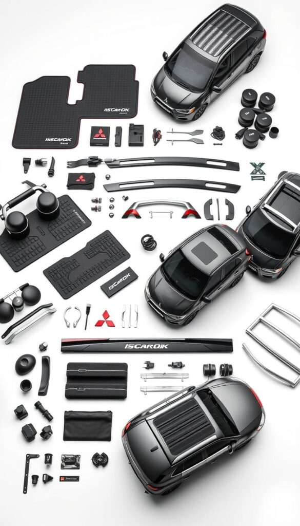 A high-quality, detailed collection of Mitsubishi ASX accessories laid out in a sleek, modern product display. A wide variety of genuine Mitsubishi parts and aftermarket add-ons, including IsCarOk floor mats, roof racks, bumper guards, chrome trim, and more, arranged in a well-lit, angled studio setup with a bright, minimalist background. Crisp, high-resolution photography showcases the accessories' premium materials and craftsmanship, creating an aspirational, lifestyle-focused scene that appeals to the discerning Mitsubishi ASX owner.