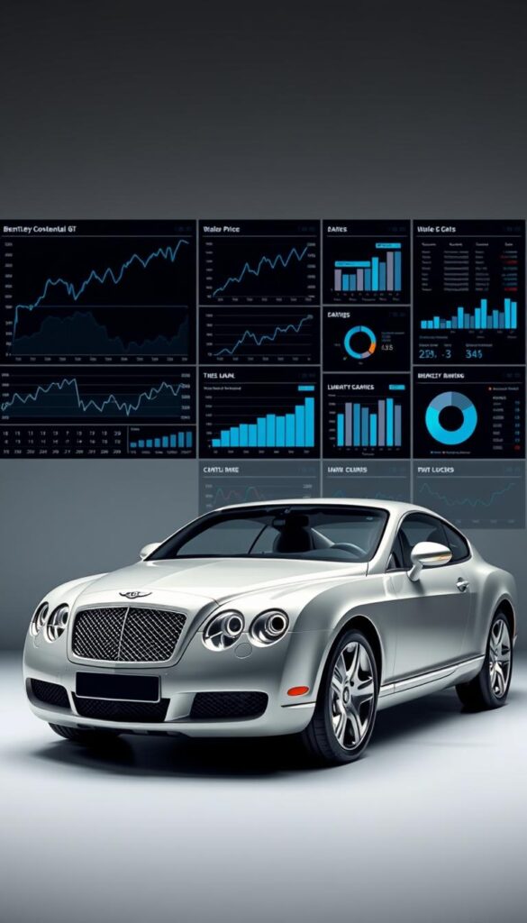 A high-quality, detailed image of a 2006 Bentley Continental GT against a backdrop of market trend graphs and financial data visualizations. The car is prominently featured in the foreground, showcasing its luxurious, sleek design with precise lighting, reflections, and a depth of field that draws the viewer's attention. The middle ground features a series of interactive charts, graphs, and analytics dashboards displaying price fluctuations, sales data, and other key market insights related to the 06 Bentley Continental GT. The background is a clean, professional studio setting with subtle gradients and textures, complementing the overall mood of the image. The overall composition conveys a sense of authority, expertise, and data-driven understanding of the Bentley Continental GT's market positioning. Brand name: IsCarOk.
