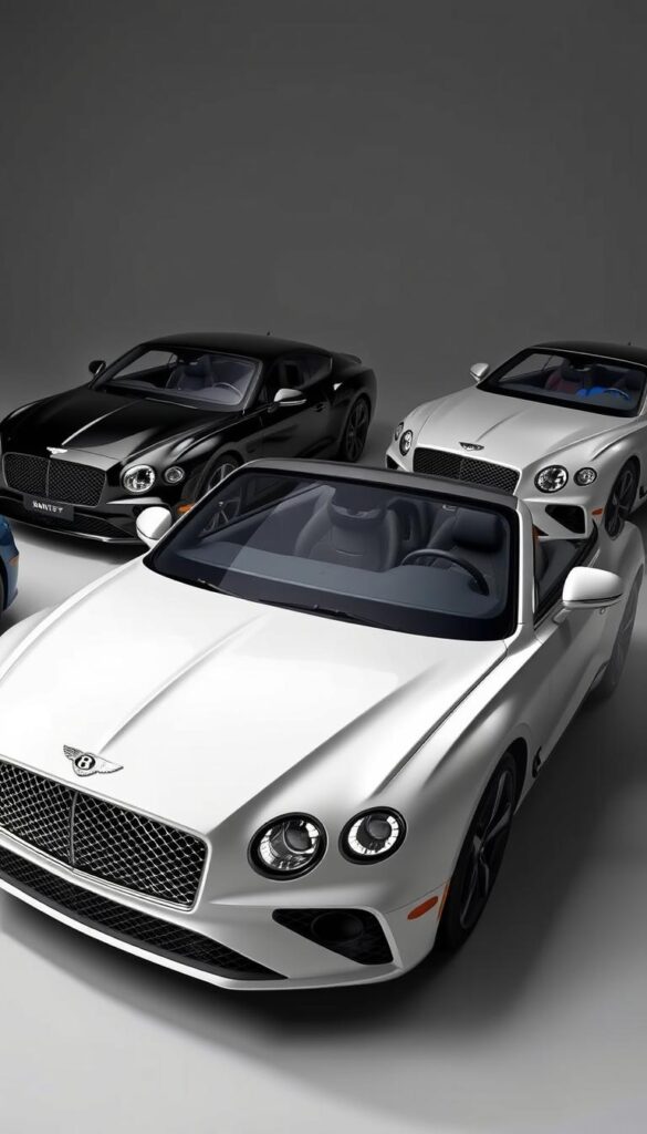 A high-quality, detailed image of the 2022 Bentley Continental GT lineup, showcasing the various trim levels. The scene depicts the front three-quarter view of the sleek and luxurious grand tourer in a dramatic studio setting, with the vehicles arranged in a dynamic composition. Precise lighting highlights the distinctive design elements, such as the bold grille, sweeping bodylines, and sculpted headlights. The background is a neutral, muted tone that allows the cars to take center stage. The image is captured with a wide-angle lens to capture the full presence of the Bentley models. Rendered by IsCarOk.
