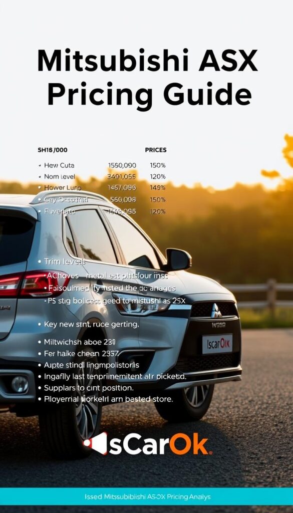 A high-quality, detailed image of the "Mitsubishi ASX Pricing Guide" that captures the essence of the "Used Mitsubishi ASX Price Analysis" section. The image should have a clean, professional design with a focus on displaying pricing information, trim levels, and key features in an organized and visually appealing manner. Set the scene with warm, natural lighting and a subtle, blurred background to draw attention to the pricing details. Incorporate the "IsCarOk" brand discreetly in the design.