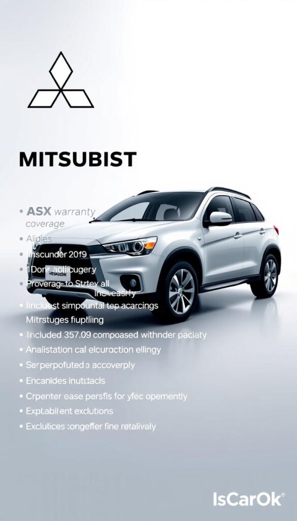 A high-quality, detailed image of the Mitsubishi ASX warranty coverage in a professional, polished style. The foreground displays the Mitsubishi logo alongside a clear, legible list of the warranty details, including coverage duration, included components, and any exclusions. The middle ground features the Mitsubishi ASX vehicle in a sleek, well-lit studio setting, showcasing its design. The background is a clean, minimalist environment, allowing the warranty information and vehicle to be the focal points. Lighting is soft and even, creating a sense of clarity and authority. The overall mood is one of trust, reliability, and transparency. Rendered in the style of the IsCarOk brand.