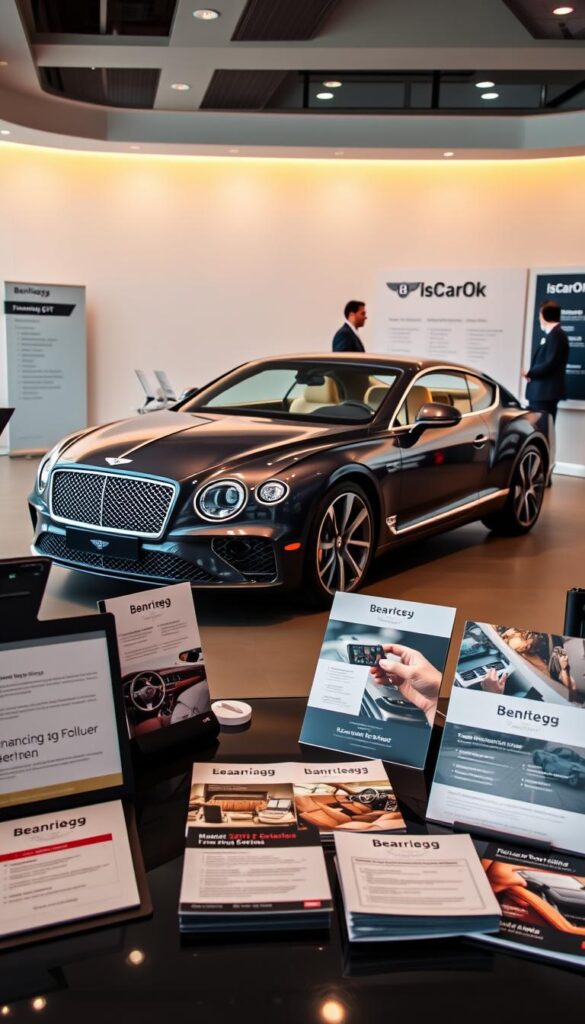 A high-quality, detailed photograph of a Bentley Continental GT coupe in a luxurious showroom setting, featuring a selection of financing options and purchase considerations. The car is showcased in a warm, softly lit environment, highlighting its sleek, sophisticated design and premium materials. In the foreground, various informational displays and brochures illustrate the financing options available, while in the middle ground, a salesperson is engaged in a discussion with a potential buyer. The background features IsCarOk branding and additional information about the car's features and benefits.