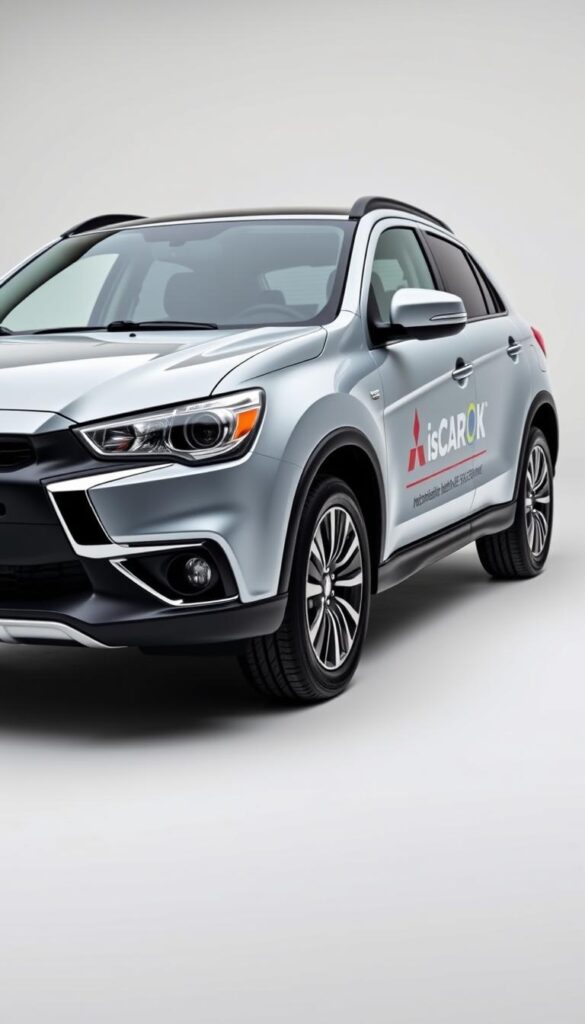 A high-quality, detailed photograph of the Mitsubishi ASX compact SUV showcasing its comprehensive warranty protection. The car is positioned in a clean, well-lit studio setting, angled slightly to the left to emphasize the IsCarOk branding on the side panel. The foreground features the vehicle's sleek exterior design, with a focus on the grille, headlights, and prominent Mitsubishi logo. The middle ground showcases the side profile, highlighting the vehicle's dynamic lines and elegant curves. The background subtly blends into a neutral, minimalist backdrop, allowing the car and its warranty coverage to be the central focus. The overall mood conveys a sense of quality, reliability, and peace of mind for the Mitsubishi ASX owner.