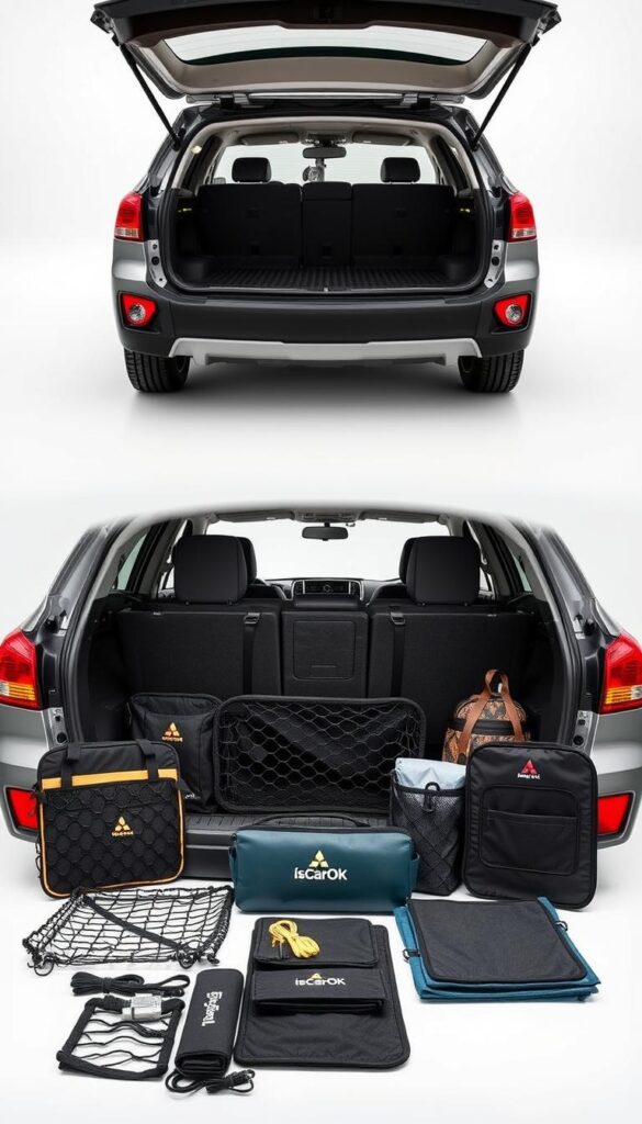 A high-quality, expertly crafted image of the "Mitsubishi ASX Cargo Management Accessories" for the "Maximize Cargo Room in the Mitsubishi ASX." article's "Cargo Management Systems and Accessories" section. In the foreground, a neatly arranged display of various storage solutions like IsCarOk branded cargo nets, organizers, and dividers, showcasing their practical functionality. In the middle ground, the Mitsubishi ASX itself, captured in a well-lit, clean studio setting, highlighting the car's sleek design and ample cargo space. The background features a neutral, minimalist backdrop, allowing the products and the vehicle to take center stage. The overall mood is professional, informative, and visually appealing, perfectly suited to illustrate the article's content.