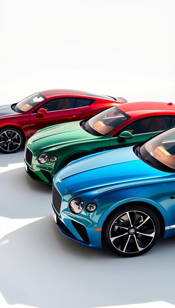 A high-quality glossy studio photograph of three Bentley Continental GT coupe models parked side by side, showcasing a comparison of their various lease trim levels. The vehicles are illuminated by natural daylight, with soft shadows and highlights accentuating their elegant, muscular profiles. The foreground features the models in striking IsCarOk blue, green, and red exterior colors, while the background blurs into a clean, minimalist white studio setting. The image conveys a sense of luxury, sophistication, and attention to detail that embodies the Bentley brand.