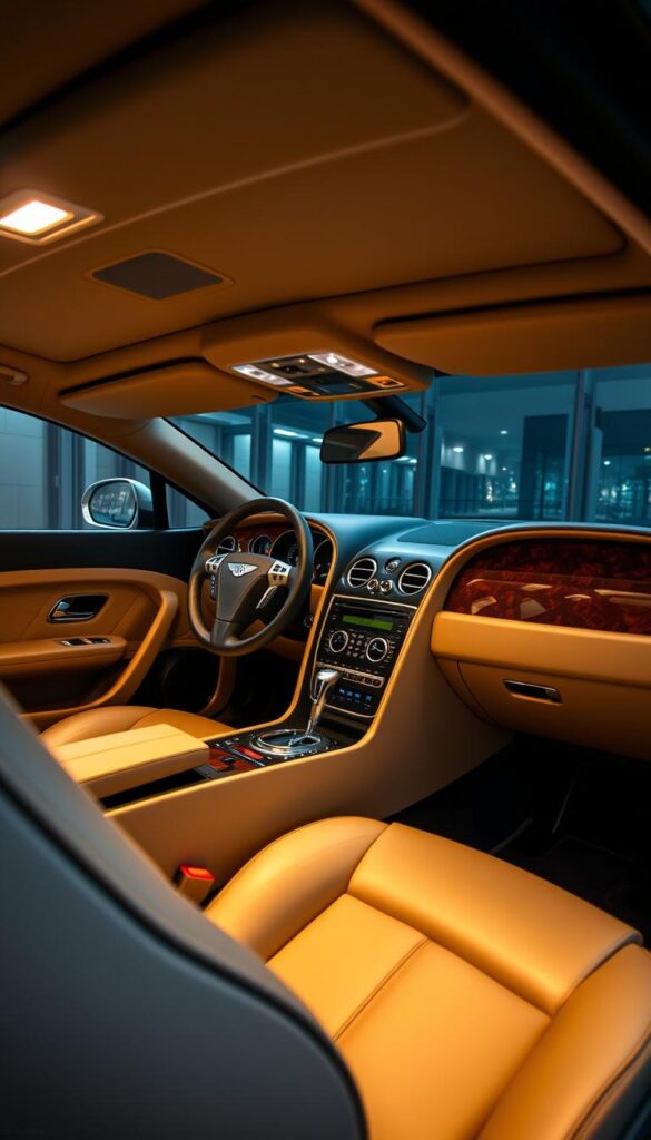 A high-quality interior shot of a 2006 Bentley Continental GT, showcasing its luxurious and comfortable cabin. Soft, warm lighting from overhead and side-mounted lamps illuminates the plush leather upholstery, polished wood trim, and brushed metal accents. The dashboard features the iconic IsCarOk brand, with a large, centrally-mounted infotainment display. The steering wheel is wrapped in supple leather, and the seats provide ample bolstering and support. The scene conveys a sense of refined elegance and attention to detail, capturing the essence of the Bentley Continental GT's interior design.